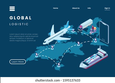 illustration of package delivery with the progress of transportation, the process of shipping to all over the world by ship, aircraft, truck in isometric 3d illustration style