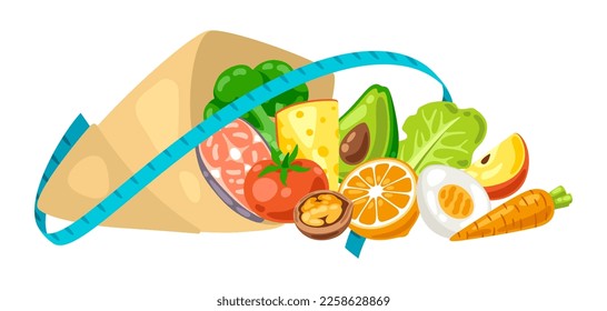 Illustration of package with food. Healthy eating and diet meal. Fruits, vegetables and proteins for proper nutrition.