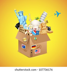 illustration of package full of famous monument with air ticket and airplane flying