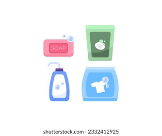 ilustración de embalajes para detergente de lavandería, jabón de lavado de manos, jabón de lavado de platos y jabón de bar. limpiadores y arandelas. una colección o conjunto de iconos o símbolos. diseño de concepto plano y minimalista