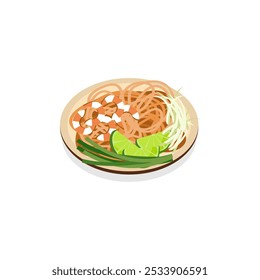 An illustration of Pad Thai, a typical Thai dish of stir-fried noodles with a mixture of shrimp, tofu, egg, peanuts, and bean sprouts, usually served with lime slices.