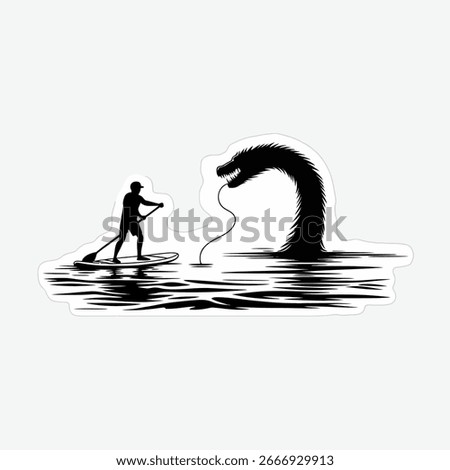 Illustration of a paddleboarder encountering the loch ness monster isolated on white background, capturing the mystery and adventure of this scottish legend