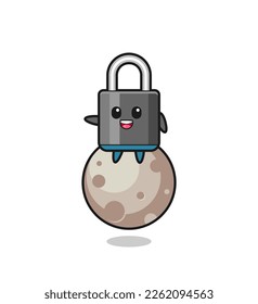 illustration of padlock cartoon sitting on the moon , cute style design for t shirt, sticker, logo element