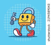 Illustration of a padlock character holding a key in retro style.