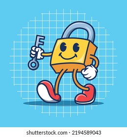 Illustration of a padlock character holding a key in retro style.