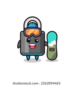 Illustration of padlock character with snowboarding style , cute style design for t shirt, sticker, logo element