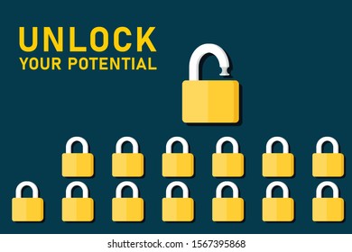 Illustration Of Padlock, Unlock Your Potential Text Concept. Job Career Conceptual Graphics.