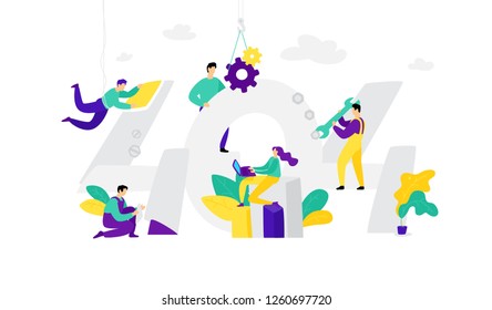 Illustration for page 404. Vector. Flat style. Page not found error. Oops something is wrong. Mocap, web template for the site. Characters carry out repairs. Layout for animation.
