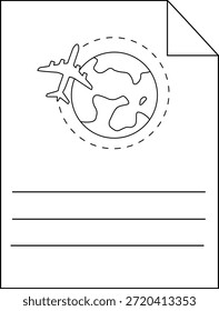 Ilustração de uma página com um avião orbitando a Terra com linhas para o texto e um canto dobrado