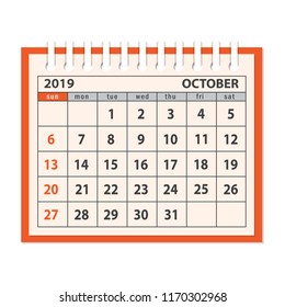 Illustration page October 2019 of business desk spiral calendar isolated on white background. Flat modern business planning concept design with calendar 2019 October page. EPS 10.
