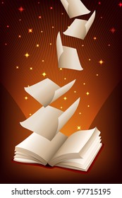 Illustration Of Pages Flying From Open Book On Abstract Background