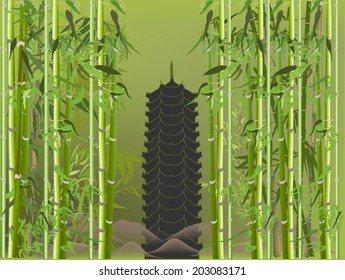 illustration with pagoda in green bamboo
