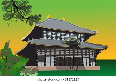 illustration with pagoda and green tree branches