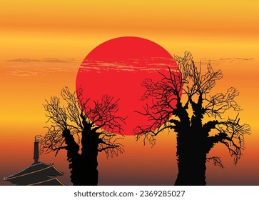 illustration with pagoda at orange sunset