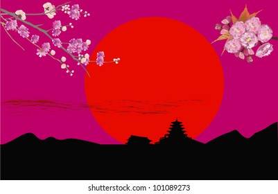 illustration with pagoda at sunset
