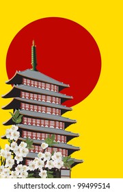 illustration with pagoda at sunset