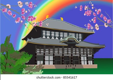 illustration with pagoda under rainbow
