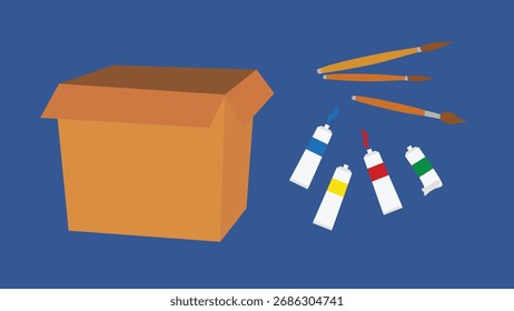 Illustration of a paint box and paintbrushes on a blue background