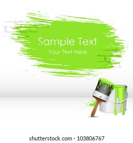 illustration of paint bucket with paint brush and paint stroke