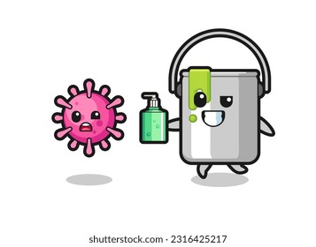 illustration of paint tin character chasing evil virus with hand sanitizer , cute style design for t shirt, sticker, logo element