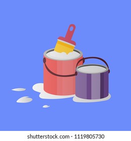 Illustration of paintbrush and two opened paint buckets with handles. Vector objects in flat style