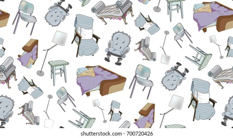 Illustration with painted beds, chairs, floor lamps, stools