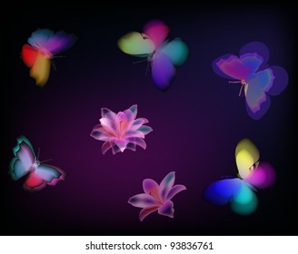illustration with painted butterflies and flowers on dark background