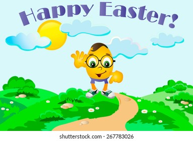 Illustration of painted Easter egg representing emoticons background - lush green lawn. Inscription Happy Easter.