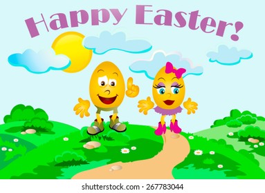 Illustration of painted Easter egg representing emoticons background - lush green lawn. Inscription Happy Easter.