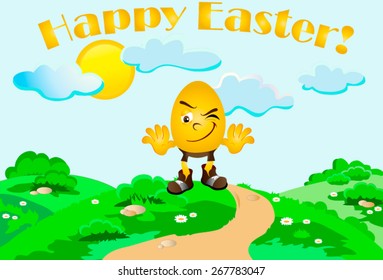 Illustration of painted Easter egg representing emoticons background - lush green lawn. Inscription Happy Easter.