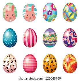 Ilustración de huevos de Pascua pintados sobre un fondo blanco
