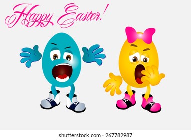 Illustration of painted Easter eggs representing emoticons in the situation. Inscription Happy Easter