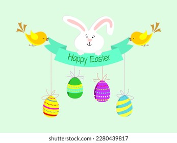 illustration with painted eggs are hung on ropes, Happy Easter lettering, chicks and easter bunny.
