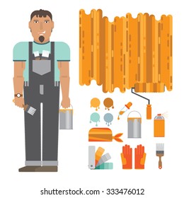 illustration painter of his inventory. Contains painter, roller, paint brush, balonchik, ladder, wallpaper, gloves, a scarf on her head and another. White background.