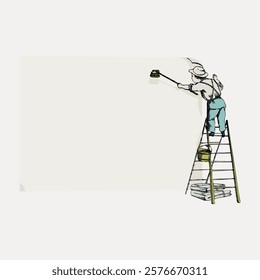 Illustration of a painter on a ladder painting a wall. The painter uses a roller brush. The painter wears a hat. The painter works on a blank wall. Vintage illustration isolated on white, vector.