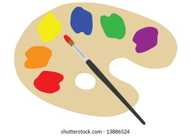 Illustration of a painter's palette, with six different colors and a brush