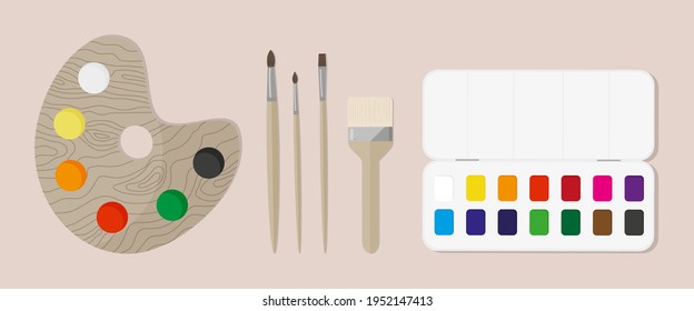 Illustration of painter's palette, various brushes and watercolor paints. Flat style vector set illustration of artist's equipment.