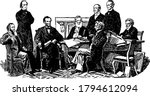 An illustration from the painting, First Reading of the Emancipation Proclamation of President Lincoln by Francis Bicknell Carpenter, vintage line drawing or engraving illustration.