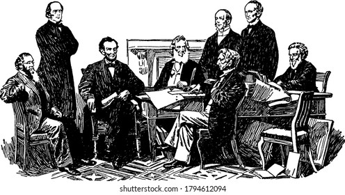 An illustration from the painting, First Reading of the Emancipation Proclamation of President Lincoln by Francis Bicknell Carpenter, vintage line drawing or engraving illustration.