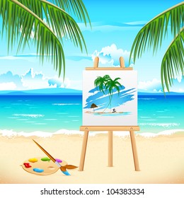 illustration of painting of sea beach on easel