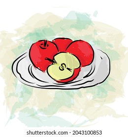 illustration of painting three apples on a plate. vector