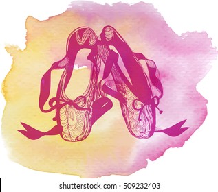 Illustration of a pair of ballet pointes shoes. pink watercolor background