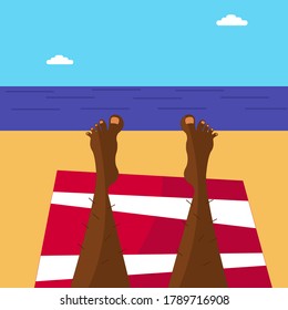 An Illustration Of A Pair Of Black Man Legs Lying On A Beach On A Striped Towel. Man Sunbathing By The Sea. Vacation.