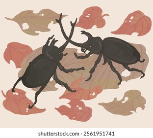 Illustration of a pair of black rhinoceros beetles on autumn leaves