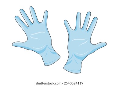 Illustration of a pair of blue disposable gloves, facing upward with fingers spread.