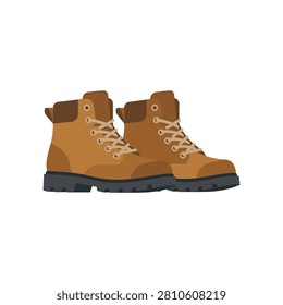 Illustration of a pair of brown leather work boots with thick black soles and laces for hiking or construction work
