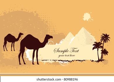 illustration of pair of camel on desert with pyramid and palm tree