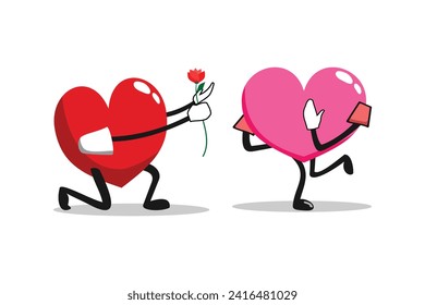 illustration of a pair of cartoon hearts, pose celebrating Valentine's Day, vector eps 10.