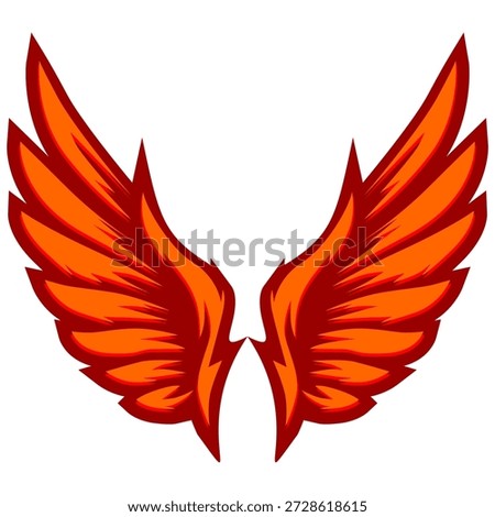Illustration of a pair of cartoon wings with firey orange and red gradient, featuring a thick outline. Great for logos, icons, and designs needing a fiery element.