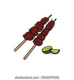 Illustration of A Pair Chicken Satay with Lime Beside of It